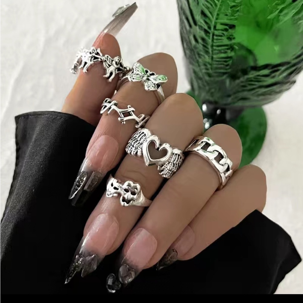 Silver Butterfly Heart Wings Skull Ring Set